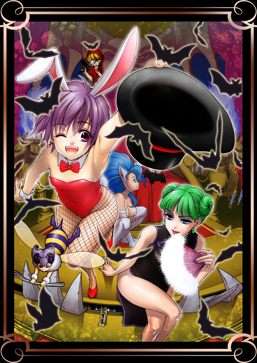 6+girls ;d alternate_hairstyle animal_ears bat bee_girl blue_hair bowtie bulleta bunny_girl bunnysuit candle chinese_clothes detached_collar double_bun fan felicia fishnet_pantyhose fishnets fork frame green_hair hat highres insect_girl lei_lei lilith_aensland midnight_bliss morrigan_aensland multiple_girls one_eye_closed open_mouth pantyhose purple_hair q-bee rabbit_ears rf-yuki side_slit smile standing_on_one_leg top_hat vampire_(game) when_you_see_it