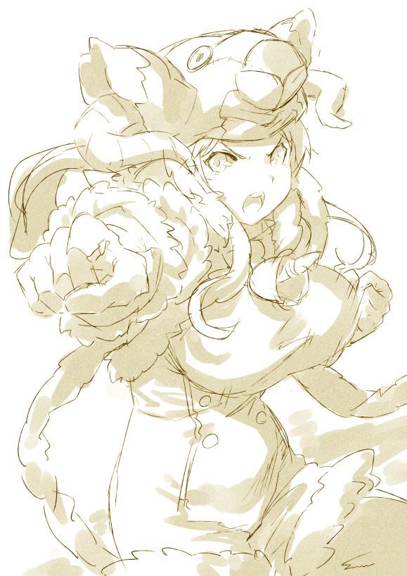 &gt;:o 1girl :o animal_hat bell bouncing_breasts breasts buttons clenched_hands daetta_(granblue_fantasy) deer elbow_gloves fur_trim gloves granblue_fantasy hat horns large_breasts long_hair pointy_ears shimotsuki_eight simple_background solo unitard white_background yellow