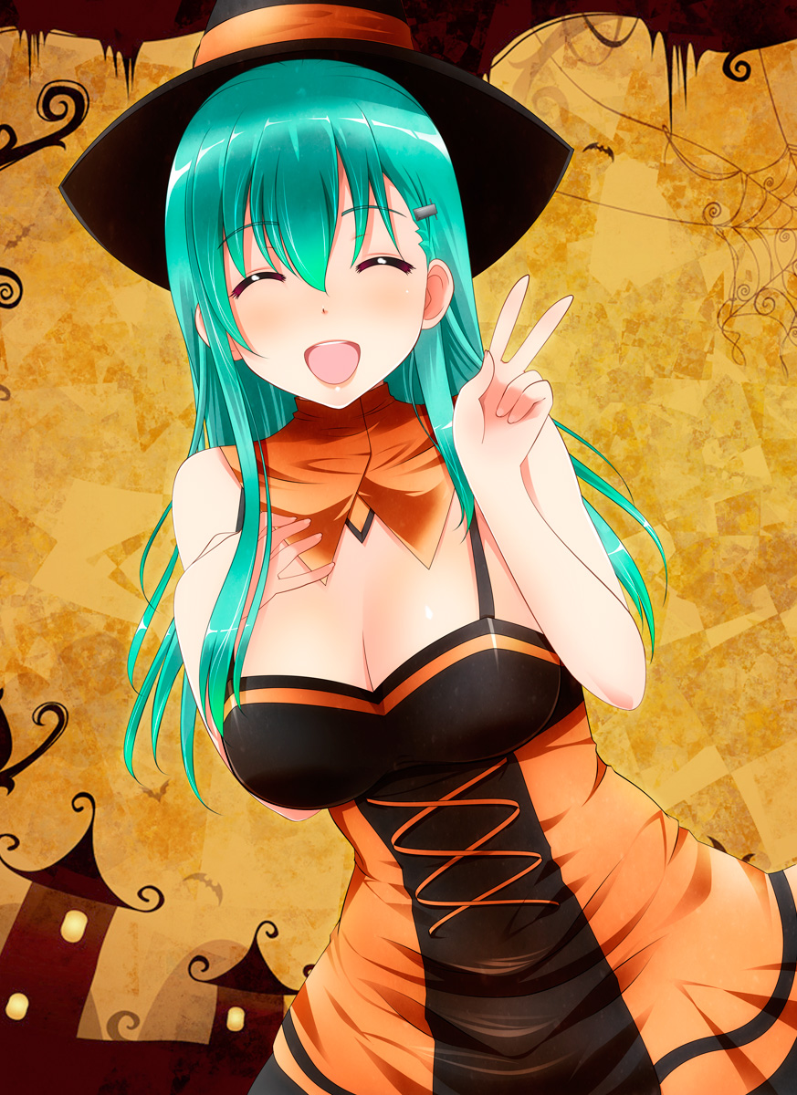 1girl alternate_costume bat breasts cleavage closed_eyes collarbone facing_viewer green_hair hair_ornament hairclip halloween hand_on_own_chest hat highres kantai_collection large_breasts lips long_hair silk solo spider_web suzuya_(kantai_collection) upper_body v weavehabit witch_hat