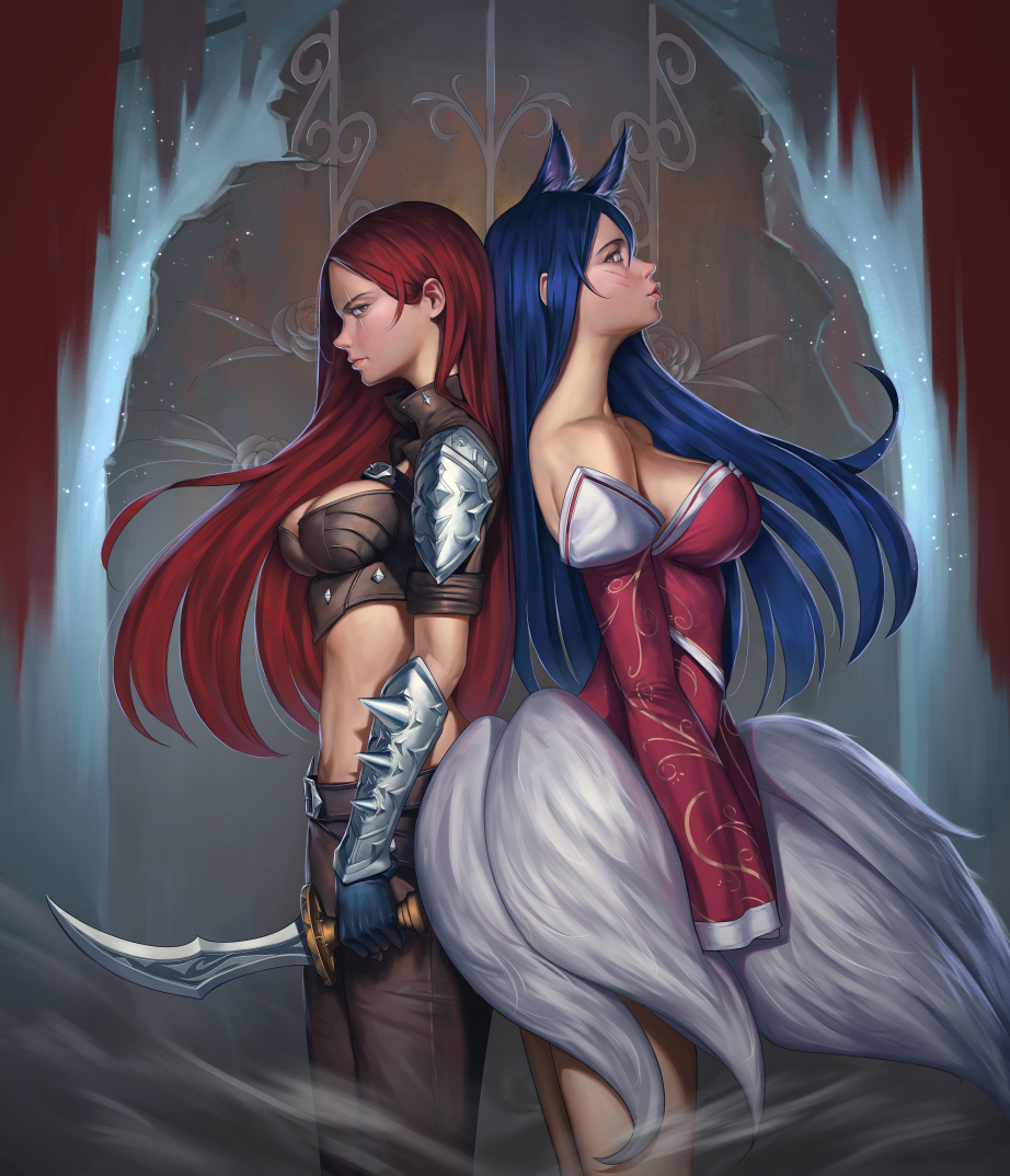 2girls ahri animal_ears bare_shoulders blade blue_hair breasts brown_eyes flower fox_ears katarina_du_couteau korean_clothes large_breasts league_of_legends lips midriff multiple_girls multiple_tails pursed_lips redhead rose scar since tail