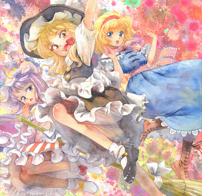 3girls :&lt; alice_margatroid apron blonde_hair bloomers blue_dress blue_eyes boots broom capelet coat crescent cross-laced_footwear dress graphite_(medium) hairband hat inkblot kirisame_marisa long_sleeves looking_at_viewer misawa_hiroshi mob_cap multiple_girls open_clothes open_coat open_mouth patchouli_knowledge puffy_short_sleeves puffy_sleeves purple_hair sash shirt short_sleeves skirt skirt_set smile striped striped_dress touhou traditional_media underwear upskirt vest violet_eyes waist_apron watercolor_(medium) wide_sleeves witch_hat yellow_eyes