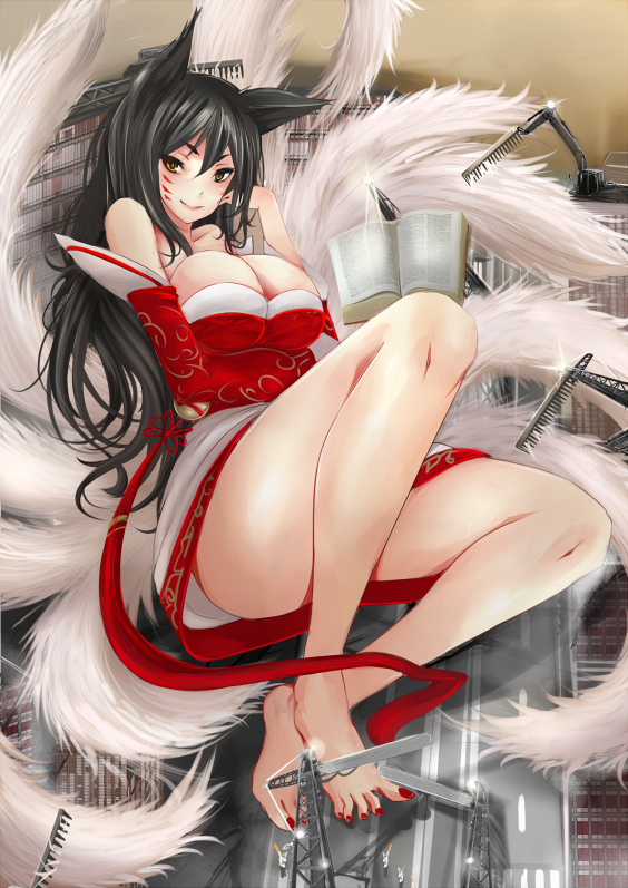 1girl ahri animal_ears bare_shoulders barefoot black_hair breasts cleavage detached_sleeves facial_mark fox_ears fox_tail giantess korean_clothes large_breasts league_of_legends long_hair looking_at_viewer multiple_tails nonoririn solo_focus tail whisker_markings yellow_eyes