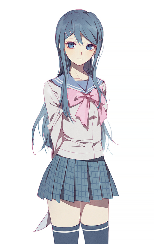 blue_eyes blue_hair blush dangan-ronpa hairpins long_hair maizono_sayaka seifuku