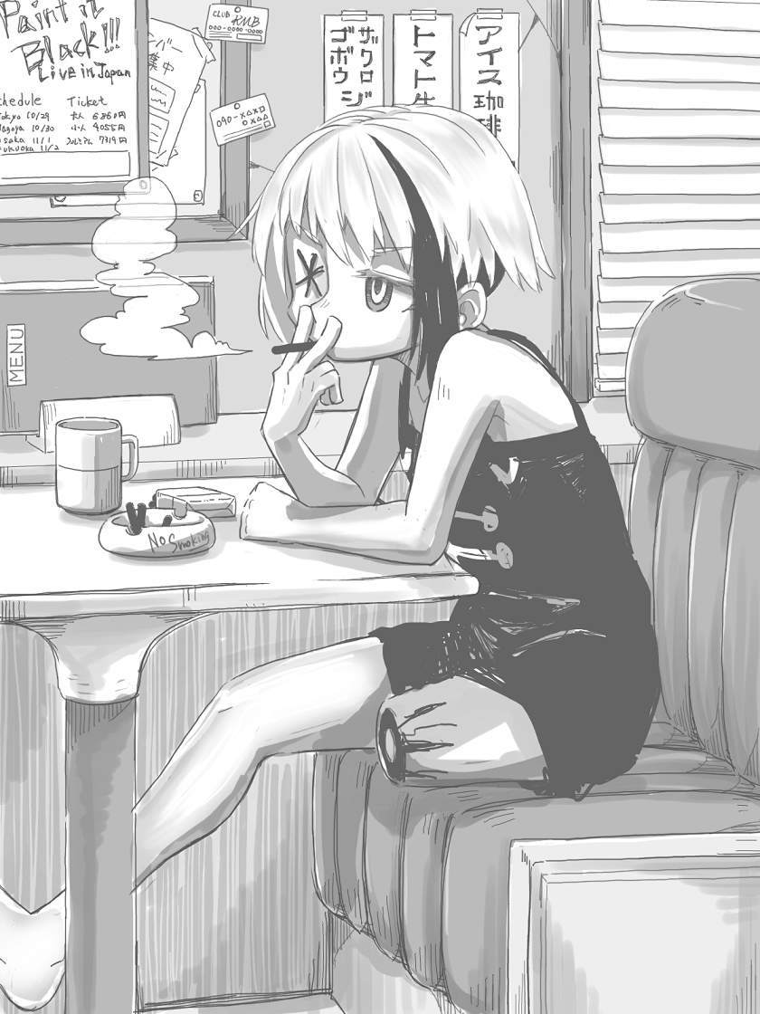 1girl akabashira_(unholywars12) amputee ashtray bandages bikko borrowed_character cigarette cigarette_box cup diner dress english eye_scar keloids monochrome mug multicolored_hair one-eyed original scar short_dress short_hair sitting smoking solo two-tone_hair