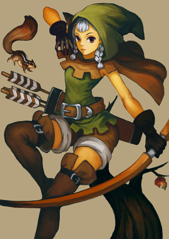 1girl animal arrow belt black_gloves boots bow_(weapon) braid brown_eyes cloak david_xu dragon's_crown elf elf_(dragon's_crown) gloves hood pointy_ears quiver short_hair shorts silver_hair simple_background small_breasts solo squirrel thigh-highs thigh_boots twin_braids weapon