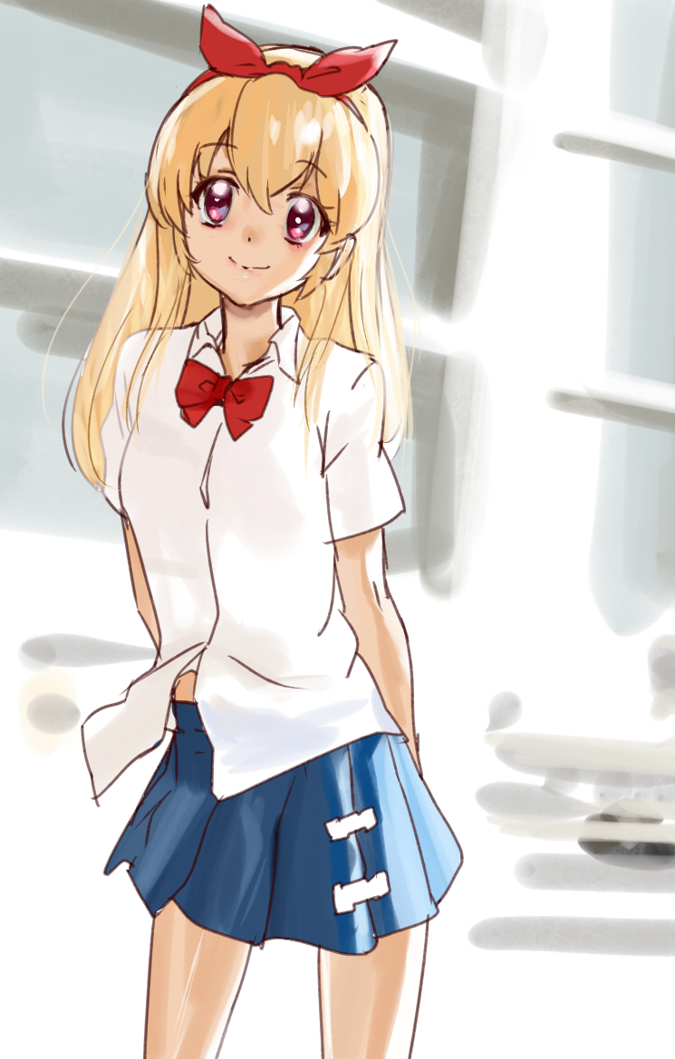 1girl aikatsu! blonde_hair dress_shirt hair_between_eyes hairband hoshimiya_ichigo long_hair makacoon red_eyes school_uniform shirt skirt solo