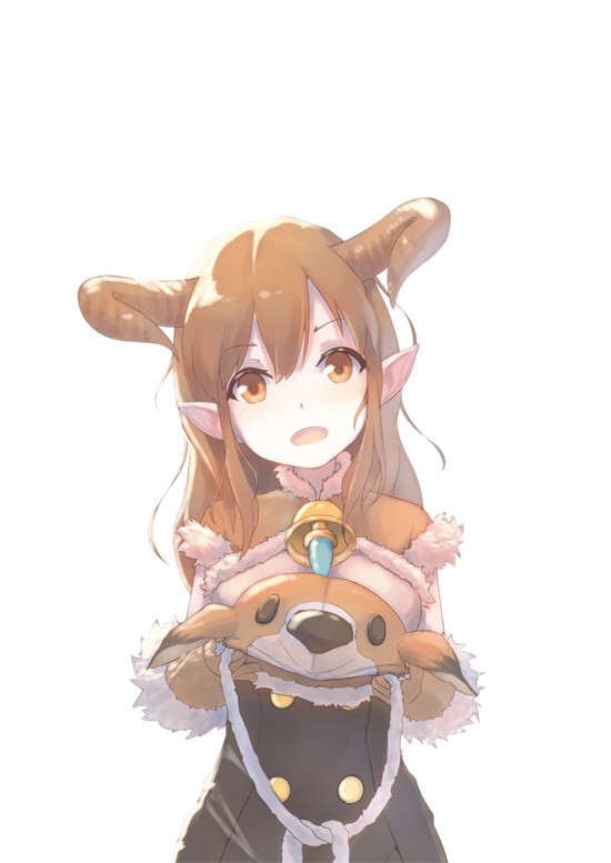 1girl bangs bell breasts brown_hair buttons daetta_(granblue_fantasy) fur_trim granblue_fantasy hair_between_eyes hat hat_removed headwear_removed holding holding_hat horns large_breasts long_hair looking_at_viewer note_(pixiv9542684) open_mouth orange_eyes simple_background solo tareme upper_body white_background