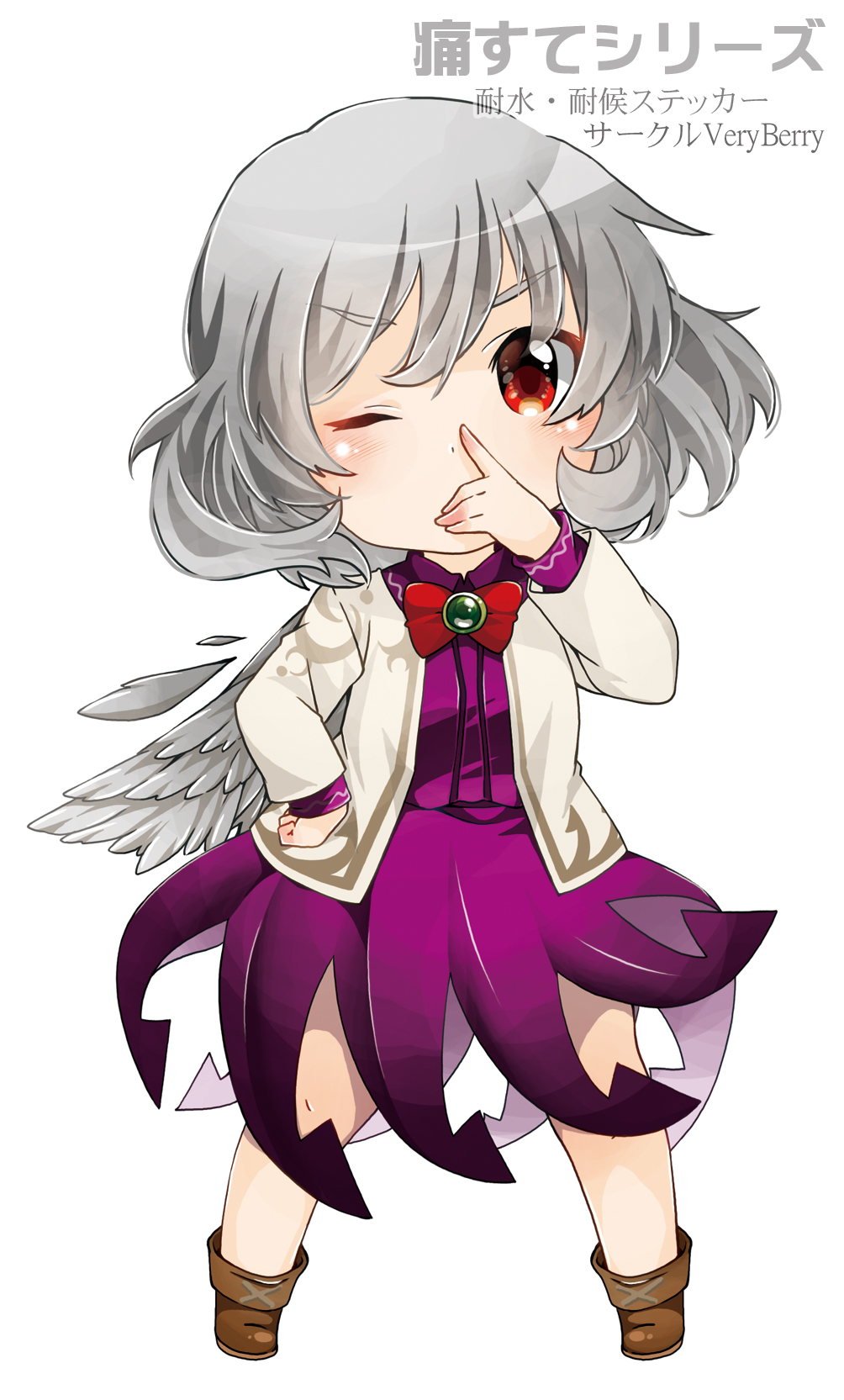 1girl berry_jou bow bowtie chibi dress highres index_finger_raised jacket kishin_sagume long_sleeves open_clothes purple_dress red_eyes shirt short_hair silver_hair single_wing solo touhou wings