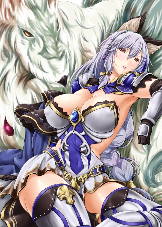 1girl animal_ears blush breasts cat_ears cleavage gloves granblue_fantasy hair_between_eyes hairband heles kimura_neito large_breasts long_hair open_mouth shoulder_pads silver_hair sitting solo thigh-highs yellow_eyes