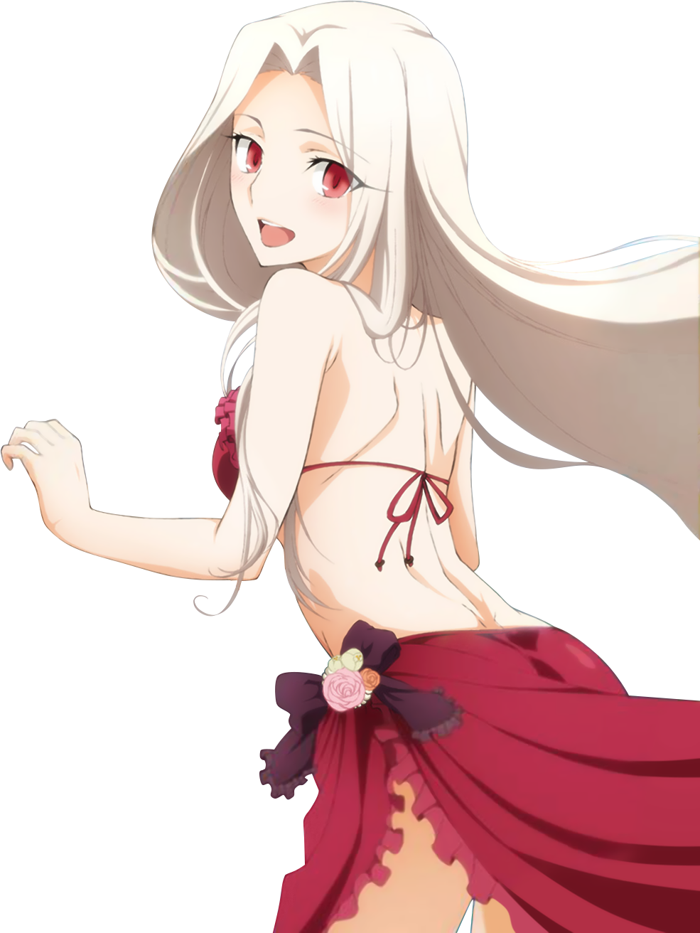 1girl bikini extraction fate/zero fate_(series) from_behind highres irisviel_von_einzbern long_hair looking_at_viewer open_mouth red_bikini red_eyes silver_hair solo swimsuit transparent_background