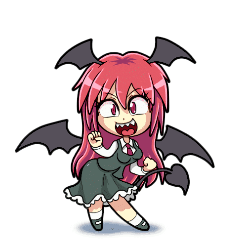 1girl animated animated_gif ass_shake chibi clenched_hands dancing daniel_renard demon_girl demon_tail dress dress_shirt head_wings koakuma long_hair looking_at_viewer lowres necktie open_mouth red_eyes redhead seamless_loop sharp_teeth shirt simple_background skirt skirt_set solo tail touhou vest white_background wings