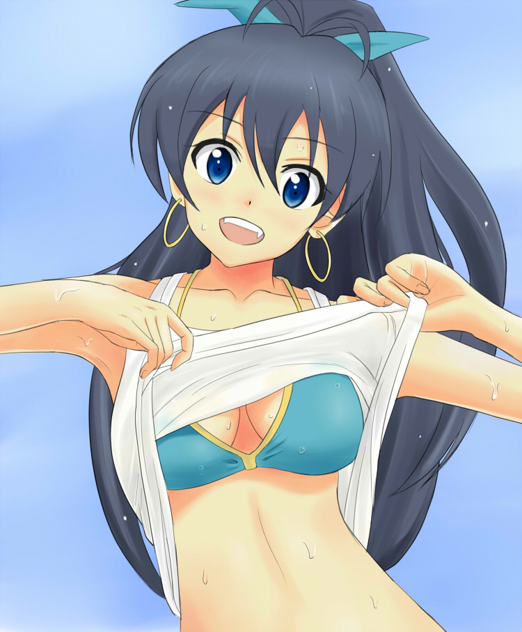 1girl bikini black_hair blue_eyes earrings fangs ganaha_hibiki idolmaster jewelry long_hair looking_at_viewer open_mouth ponytail smile solo super_freedam swimsuit swimsuit_under_clothes tank_top undressing wet
