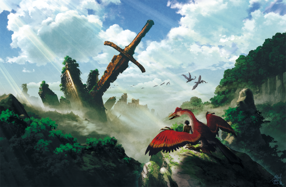 1girl bird building castle cliff clouds fantasy fog from_behind huge_weapon landscape light_rays monster moss original outdoors overgrown planted_sword planted_weapon prehistoric_animal ruins scenery signature sky skyscraper sunbeam sunlight sword technoheart weapon