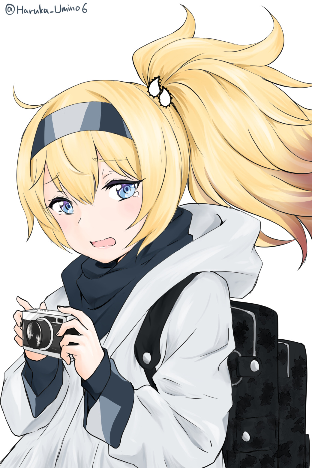 1girl alternate_costume alternate_hairstyle backpack bag blonde_hair blue_eyes camera gambier_bay_(kantai_collection) hairband highres hooded_coat kantai_collection long_hair multicolored_hairband open_mouth ponytail simple_background solo twitter_username umino_haruka_(harukaumino6) upper_body white_background white_coat