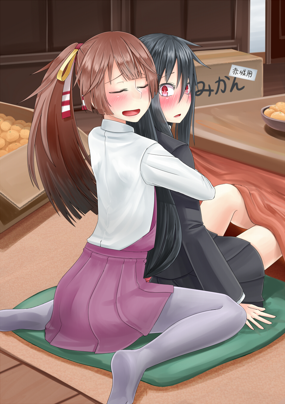 2girls black_hair blush bowl box brown_hair closed_eyes commentary_request food fruit hatsushimo_(kantai_collection) highres hug hug_from_behind kantai_collection kazagumo_(kantai_collection) kotatsu mandarin_orange multiple_girls open_mouth pillow ponytail red_eyes sitting skirt smile table translation_request yuri zaki_(2872849)