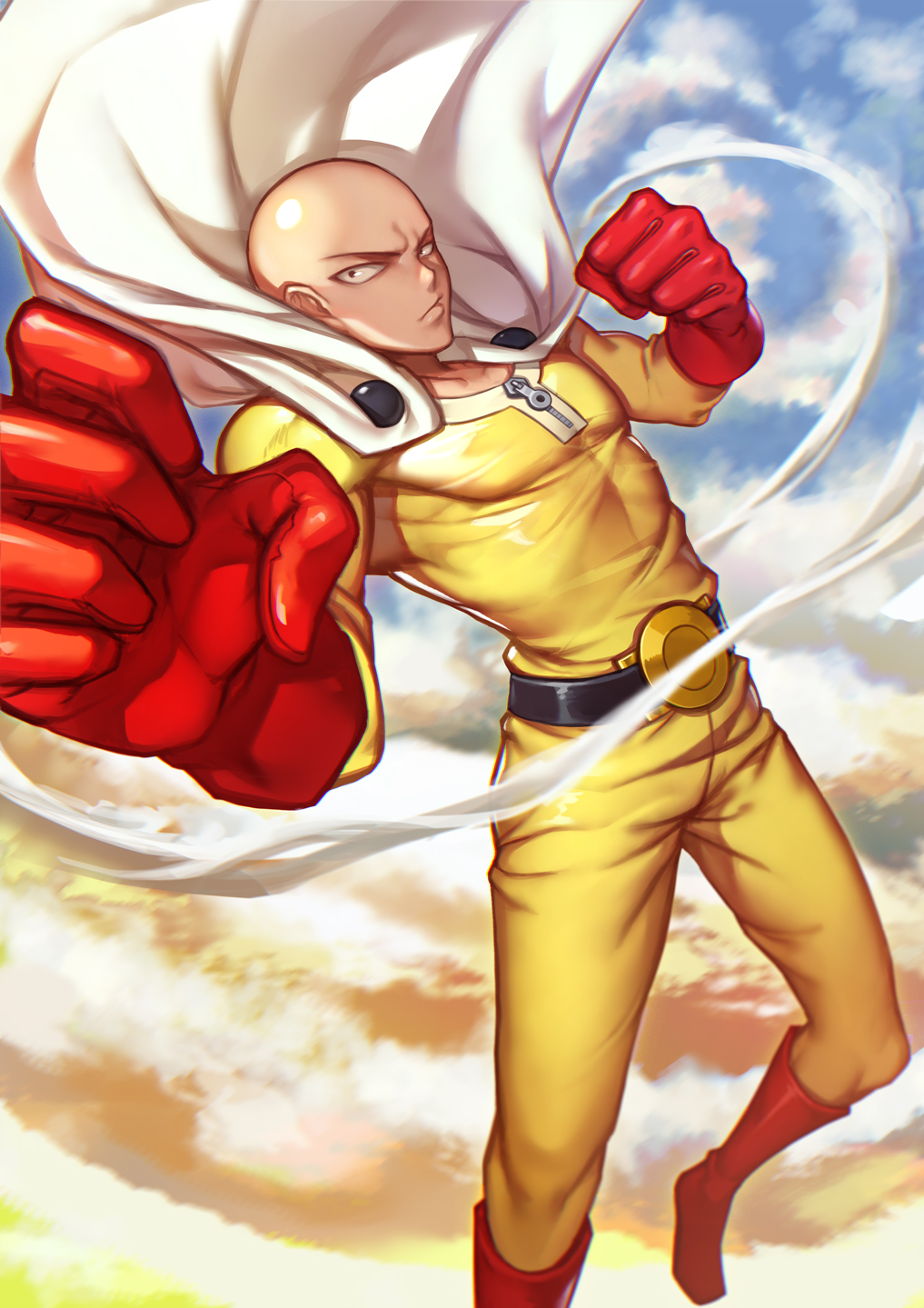 1boy bald cape evan_yang gloves highres onepunch_man saitama_(onepunch_man) short_hair solo