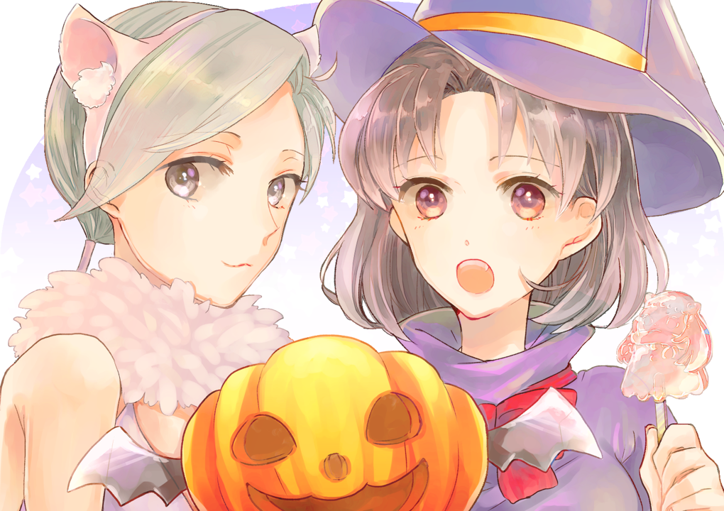 2girls animal_costume animal_ears bat_wings breasts brown_eyes brown_hair candy cat_costume cat_ears chitose_(kantai_collection) chiyoda_(kantai_collection) dress grey_hair halloween hat jack-o'-lantern kantai_collection lollipop long_hair multiple_girls northern_ocean_hime open_mouth ponytail short_hair smile wings witch_hat