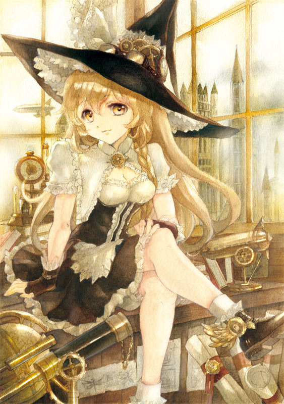 1girl acrylic_paint_(medium) aircraft ankle_wings apron black_gloves black_hat blonde_hair book braid breasts building bustier chain cleavage closed_mouth crossed_legs dress fingerless_gloves gears globe gloves hand_on_own_knee hat keiko_(mitakarawa) kirisame_marisa long_hair looking_at_viewer paper scroll shoes short_sleeves sitting smile socks solo spyglass steampunk telescope touhou traditional_media very_long_hair waist_apron watercolor_(medium) white_legwear window witch_hat wrist_cuffs yellow_eyes