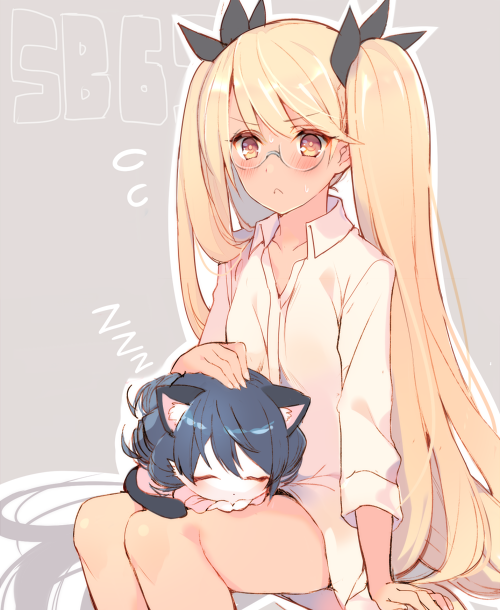2girls animal_ears arm_support bangs blonde_hair blue_hair blush cat_ears cat_tail chibi closed_mouth collared_shirt curly_hair cyan_(show_by_rock!!) dress_shirt flying_sweatdrops frown glasses grey_background hair_ornament hand_on_another's_head long_hair lying_on_lap mayachi_(amuriya) multiple_girls no_pants retoree round_glasses shirt show_by_rock!! sitting sleeping swept_bangs tail tan tan_skin text twintails very_long_hair white_shirt white_skin yellow_eyes zzz