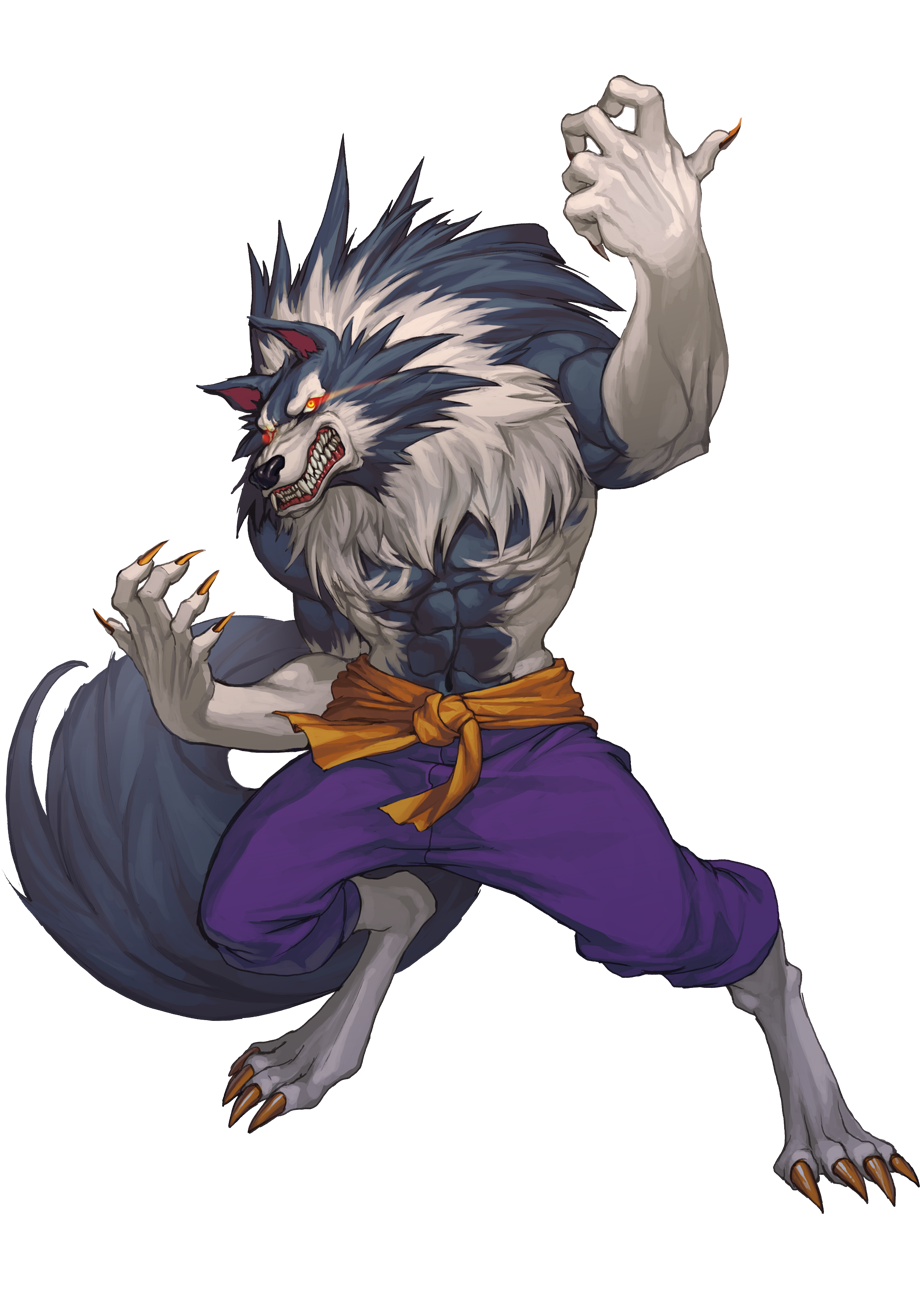 abs claws clenched_teeth fangs full_body fur gallon glowing glowing_eyes highres pants penett purple_pants ribbon solo standing tail vampire_(game) werewolf white_background yellow_ribbon
