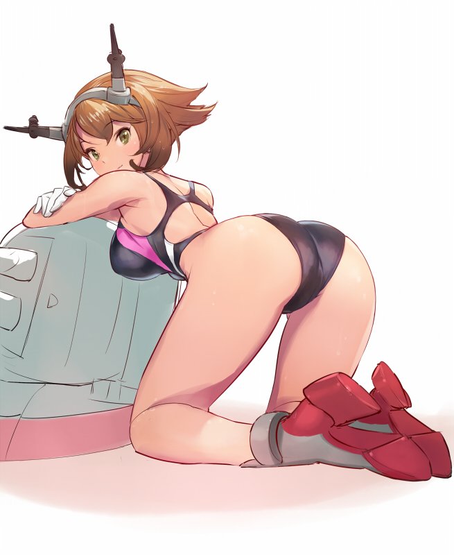 1girl ass bent_over black_swimsuit breasts brown_hair competition_swimsuit crossed_arms from_behind gloves green_eyes hairband headgear high_heels kantai_collection kneeling large_breasts looking_back matsuda_(matsukichi) mutsu_(kantai_collection) one-piece_swimsuit short_hair smile solo swimsuit trefoil white_gloves
