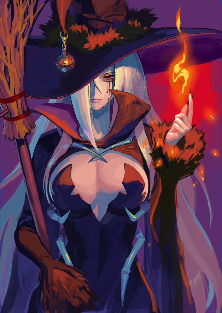 1girl black_nails blonde_hair breasts broom cleavage female flame hair_between_eyes hair_over_one_eye halloween hat lips long_hair magic nail_polish original red_eyes solo very_long_hair washi_no_tosaka witch witch_hat