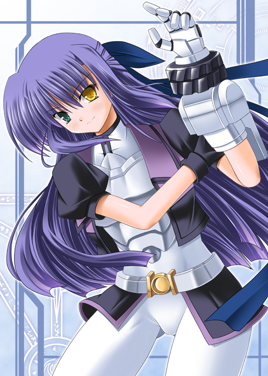 gauntlets ginga_nakajima gloves guatemala hair_ribbon heterochromia long_hair mahou_shoujo_lyrical_nanoha mahou_shoujo_lyrical_nanoha_strikers purple_hair revolver_knuckle solo