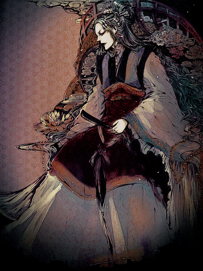 chinese_clothes dark faux_traditional_media hair_ornament hanfu hanou juuni_kokuki lei_(artist) throne