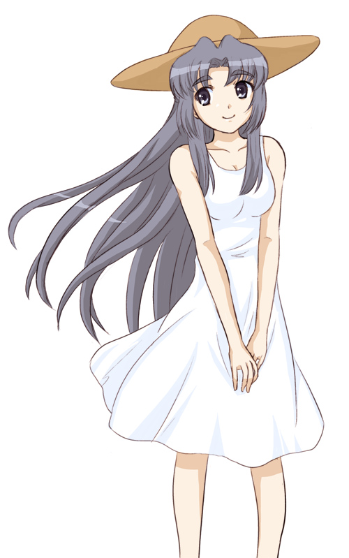 blue_eyes blue_hair casual dress esuyuki hat long_hair simple_background smile sundress suzumiya_haruhi_no_yuuutsu