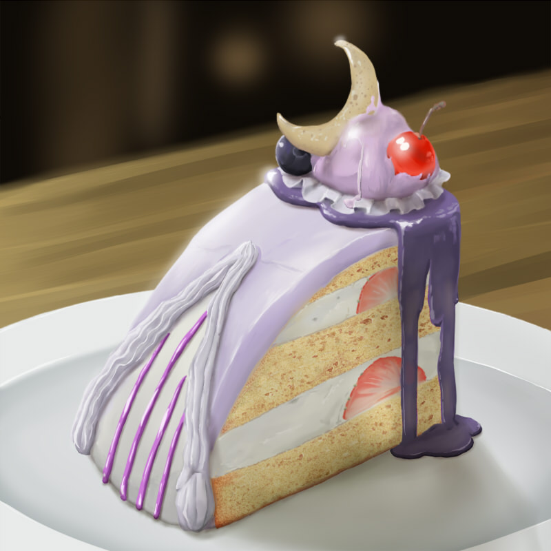 blueberry cake cherry crescent finished food fruit icing indoors objectification parody pastry patchouli_knowledge realistic slice_of_cake still_life strawberry touhou transformation unagi88