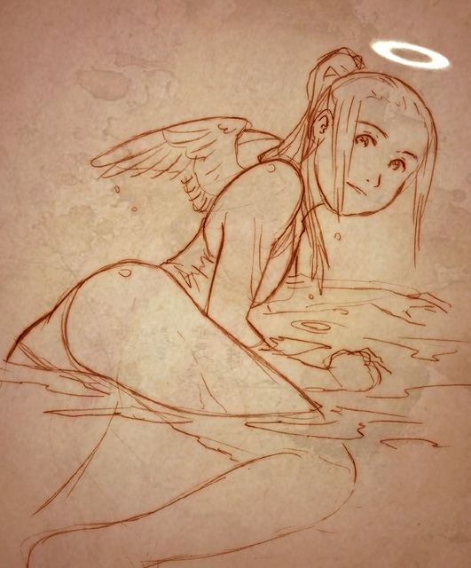 flat_chest from_behind haibane_renmei halo hikari hikari_(haibane_renmei) monochrome one-piece_swimsuit orange_(color) r_kampfgruppe sketch swimsuit traditional_media water wet wings