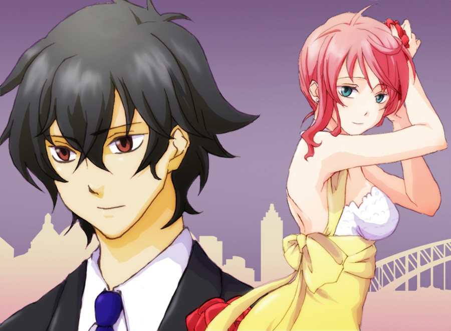 1girl black_hair couple dress feldt_grace green_eyes gundam gundam_00 k15 pink_hair red_eyes setsuna_f_seiei smile