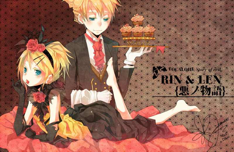 barefoot blonde_hair blue_eyes cherry cupcake draa dress elbow_gloves feet flower food fruit gloves hair_ornament hairband hairclip kagamine_len kagamine_rin lying mouth_hold on_stomach ponytail rose short_hair siblings tray twins vocaloid