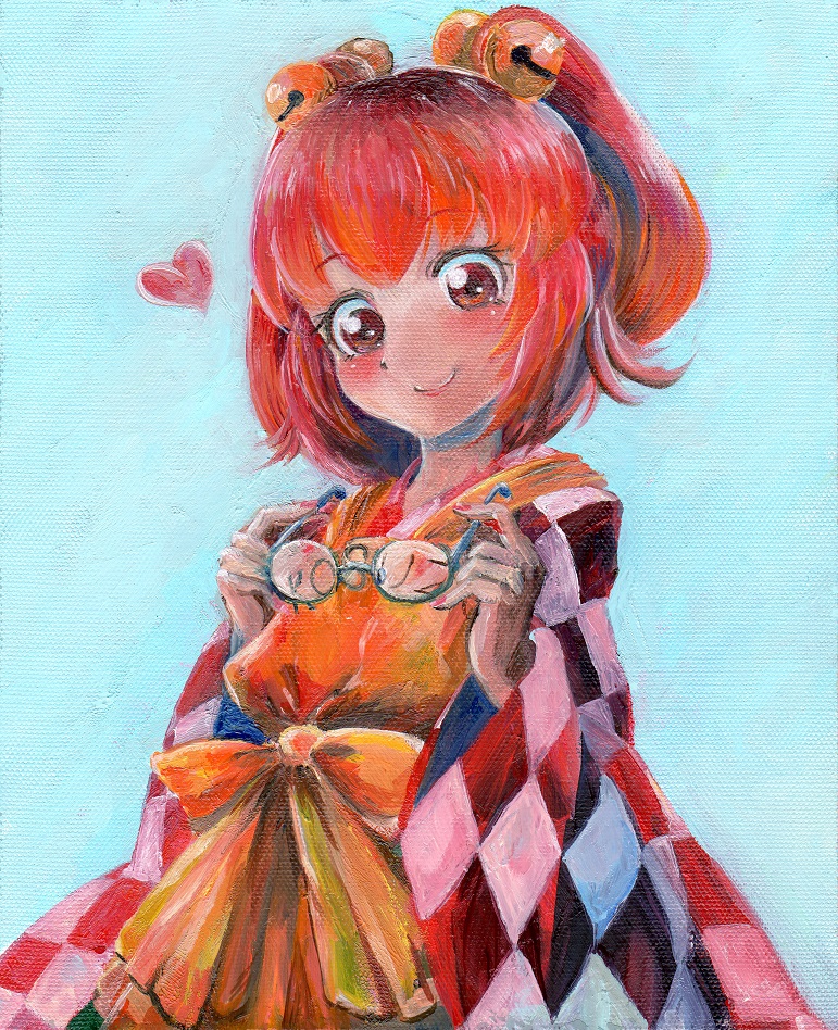 1girl apron bell blue_background blush bow character_name checkered clothes_writing commentary_request glasses glasses_removed hair_bell hair_ornament harikona heart japanese_clothes kimono long_sleeves looking_at_viewer motoori_kosuzu nail_polish oil_painting_(medium) red_eyes red_fingernails redhead short_hair simple_background smile touhou traditional_media twintails wide_sleeves