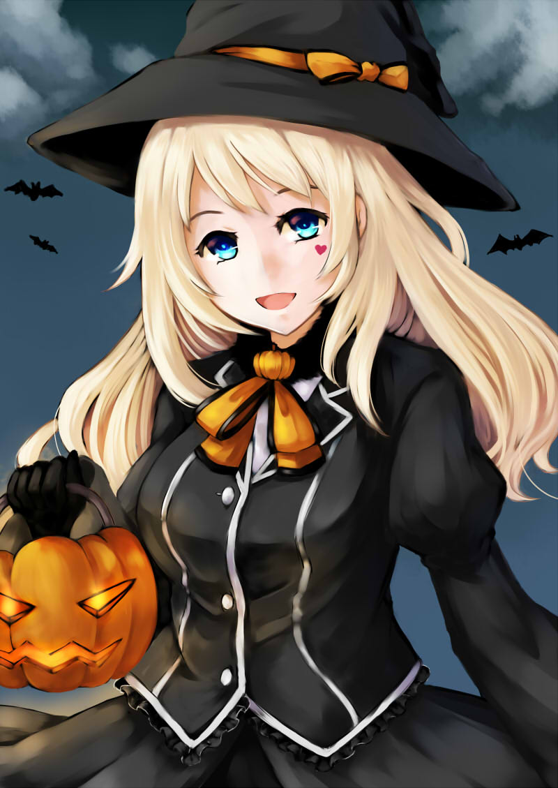 1girl alternate_color alternate_headwear atago_(kantai_collection) bat black_gloves blonde_hair blue_sky breasts bucket clouds container gloves halloween hat heart kantai_collection large_breasts long_hair looking_at_viewer military military_uniform night open_mouth pumpkin sky smile solo uniform upper_body witch_hat you_steelo