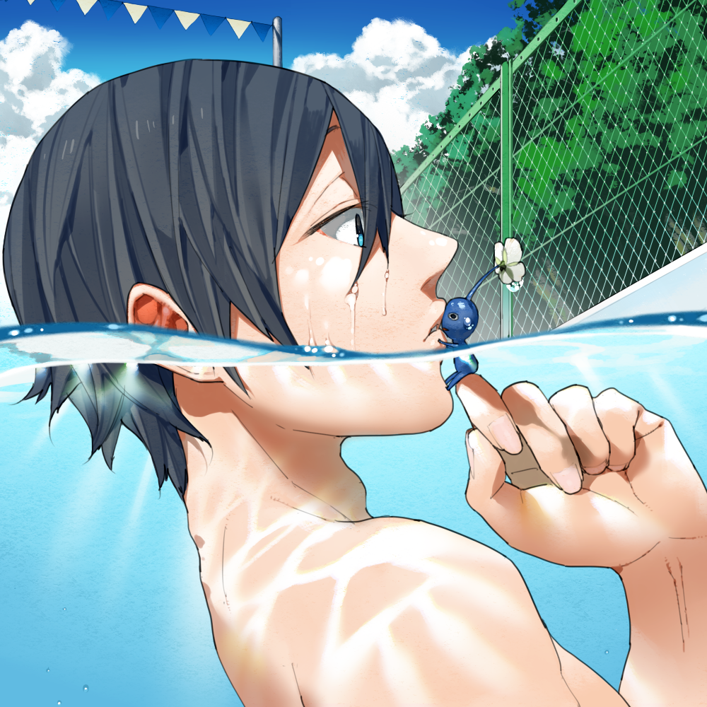 bangs black_hair blue_eyes blue_sky clouds crossover fence flower free! from_side hana_bell_forest kiss looking_at_another male_focus nanase_haruka_(free!) parted_lips partially_submerged pikmin_(creature) pool short_hair sitting_on_hand sky string_of_flags surprised trait_connection tree water wet_hair