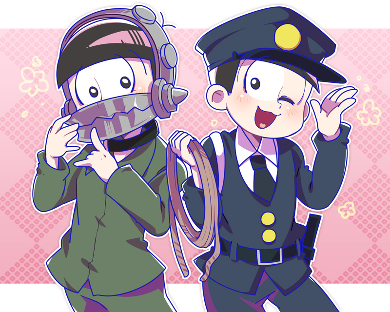 2boys :3 ;3 black_hair cowboy_shot dual_persona foothold_trap hat heart heart_in_mouth multiple_boys one_eye_closed osomatsu-kun osomatsu-san peaked_cap pink_background police police_uniform rope simple_background smile todomatsu uniform yuisan