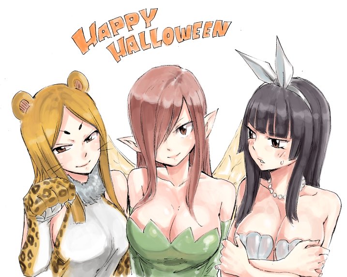 3girls alternate_hair_color animal_costume bare_shoulders black_hair blush breasts brown_eyes claws cleavage collarbone costume crossed_arms dress elbow_gloves erza_scarlet fairy fairy_tail fairy_wings fur_collar gloves hair_over_one_eye hair_ribbon hairband halloween happy_halloween hime_cut jewelry kagura_mikazuchi large_breasts leopard_ears leopard_print lips looking_at_viewer mashima_hiro minerva_orlando multiple_girls necklace parted_lips paw_pose pearl_necklace pointy_ears redhead ribbon seashell_bra shiny shiny_clothes shiny_hair smile sweatdrop upper_body whiskers wings