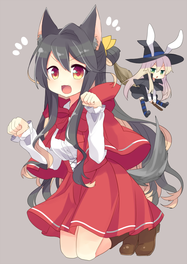2girls :3 alternate_costume animal_ears big_bad_wolf_(cosplay) black_dress black_hair blonde_hair boots breasts broom broom_riding brown_boots cape clenched_hands cloak cosplay dress fang grey_eyes hair_ribbon halloween halloween_costume hat kantai_collection knee_boots kneeling little_red_riding_hood little_red_riding_hood_(cosplay) long_hair long_sleeves looking_at_viewer multicolored_hair multiple_girls naganami_(kantai_collection) nagasioo open_mouth pink_hair pleated_skirt rabbit_ears ribbon shimakaze_(kantai_collection) simple_background skirt striped striped_legwear tail thigh-highs witch witch_hat wolf_ears wolf_tail