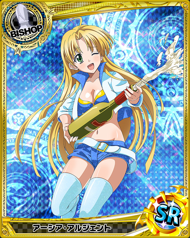1girl ahoge asia_argento bishop_(chess) blonde_hair blue_legwear blue_shorts breasts card_(medium) character_name cleavage green_eyes high_school_dxd holding_bottle long_hair navel one_eye_closed open_mouth solo thigh-highs