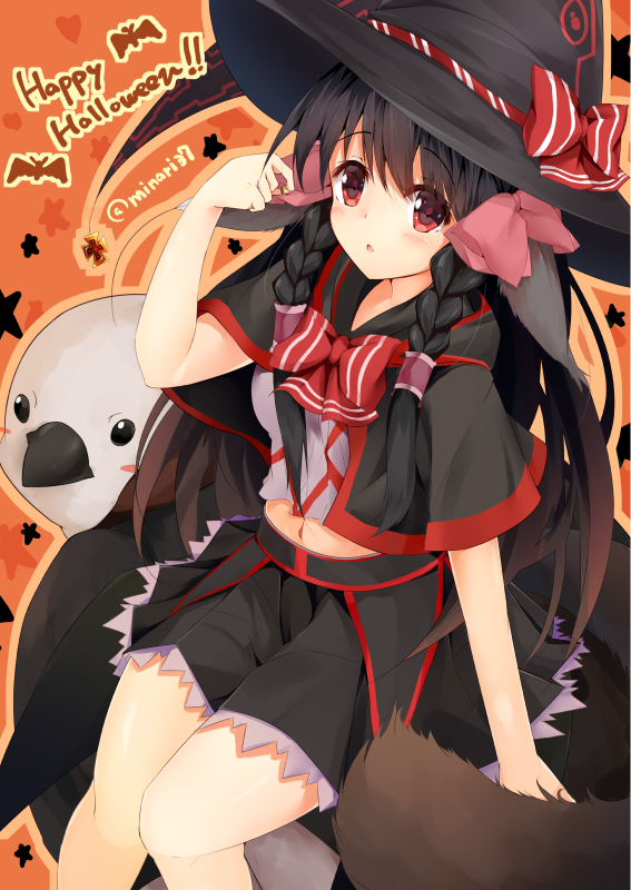 1girl animal_ears black_hair brown_eyes capelet halloween hat kuon_(utawareru_mono) long_hair minari_(minari37) solo utawareru_mono utawareru_mono:_itsuwari_no_kamen witch_hat