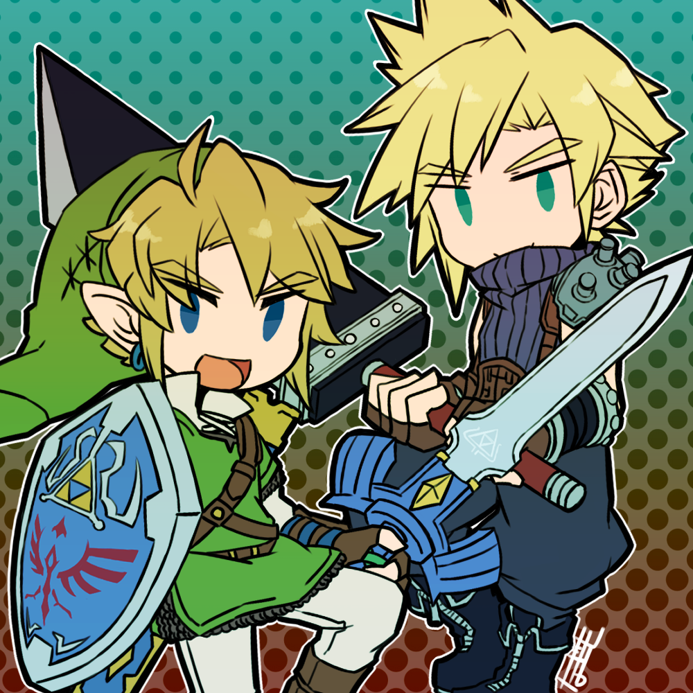 2boys baggy_pants belt blonde_hair blue_eyes boots chainmail chibi cloud_strife earrings final_fantasy final_fantasy_vii fingerless_gloves gauntlets gloves jewelry link male_focus multiple_boys no_nose open_mouth pants pointy_ears shield sleeveless sleeveless_turtleneck smile spiky_hair sunagimo_(nagimo) super_smash_bros. suspenders sword the_legend_of_zelda the_legend_of_zelda:_twilight_princess tunic turtleneck weapon