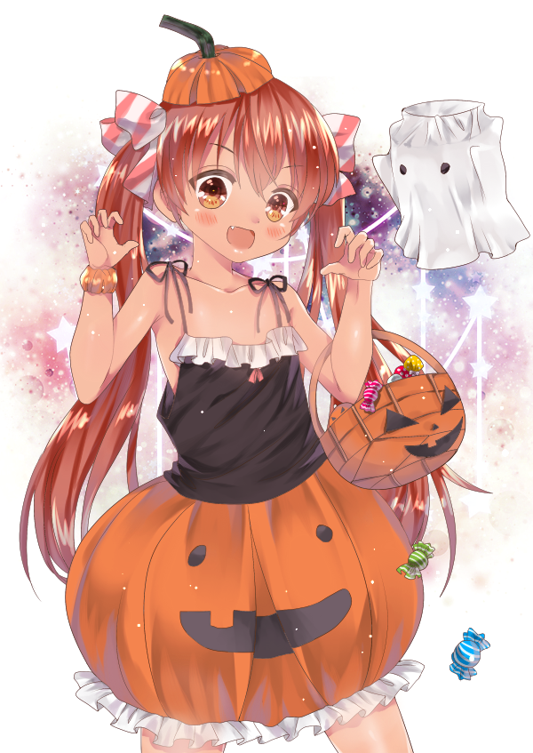 1girl :d bare_shoulders basket blush brown_eyes brown_hair camisole candy claw_pose eroriru fang halloween kantai_collection libeccio_(kantai_collection) open_mouth pumpkin_skirt smile solo twintails