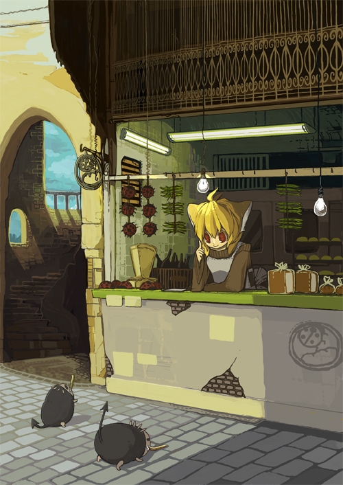 animal_ears apron blonde_hair bread brick_floor crack food fox_ears koyuzu_satoka light_bulb original red_eyes shade shop smile