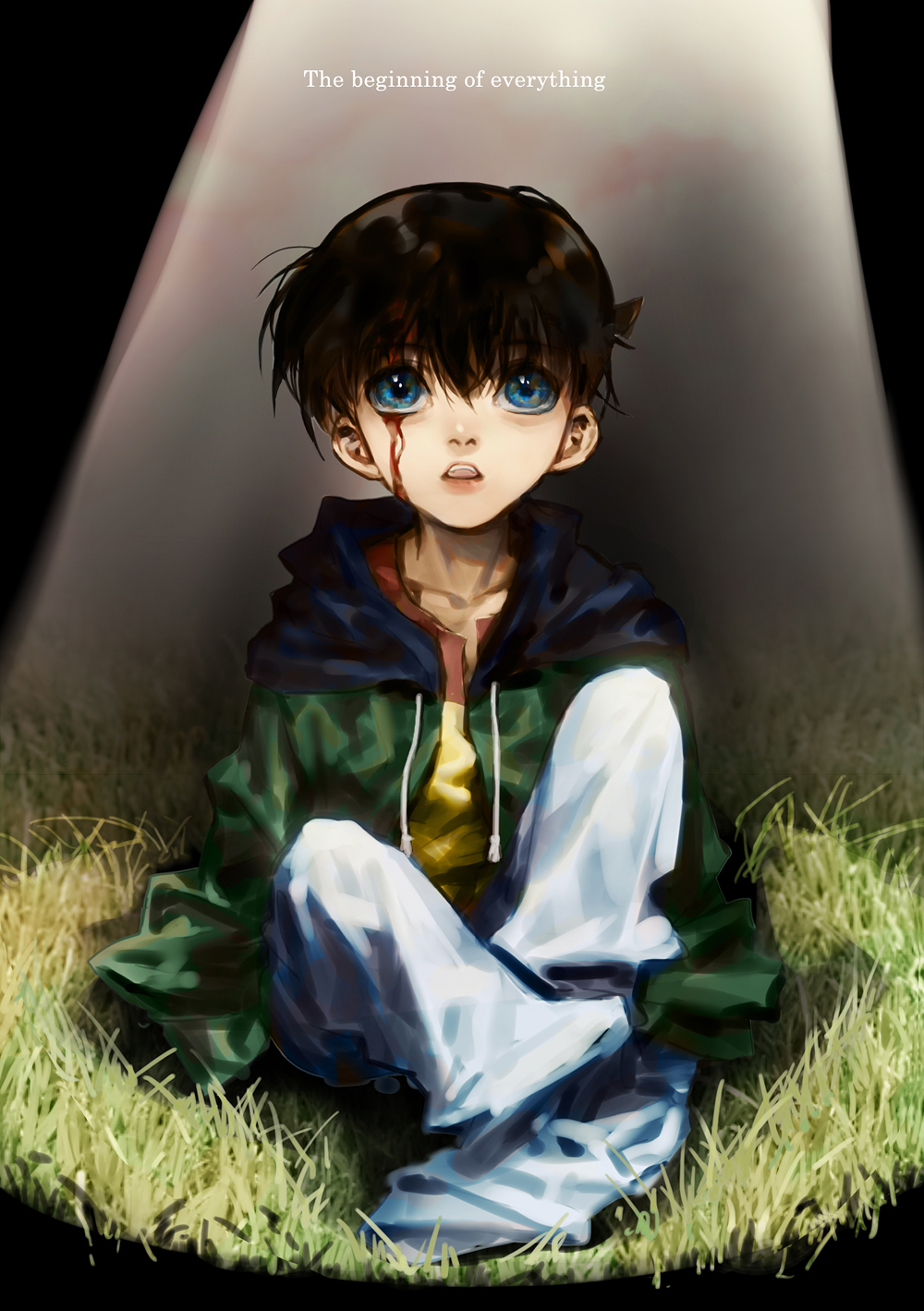 1boy black_hair blood blue_eyes d: edogawa_conan grass highres hood_down hooded_jacket jacket kudou_shin'ichi male_focus meitantei_conan no_glasses open_mouth oversized_clothes par. sitting solo teeth text