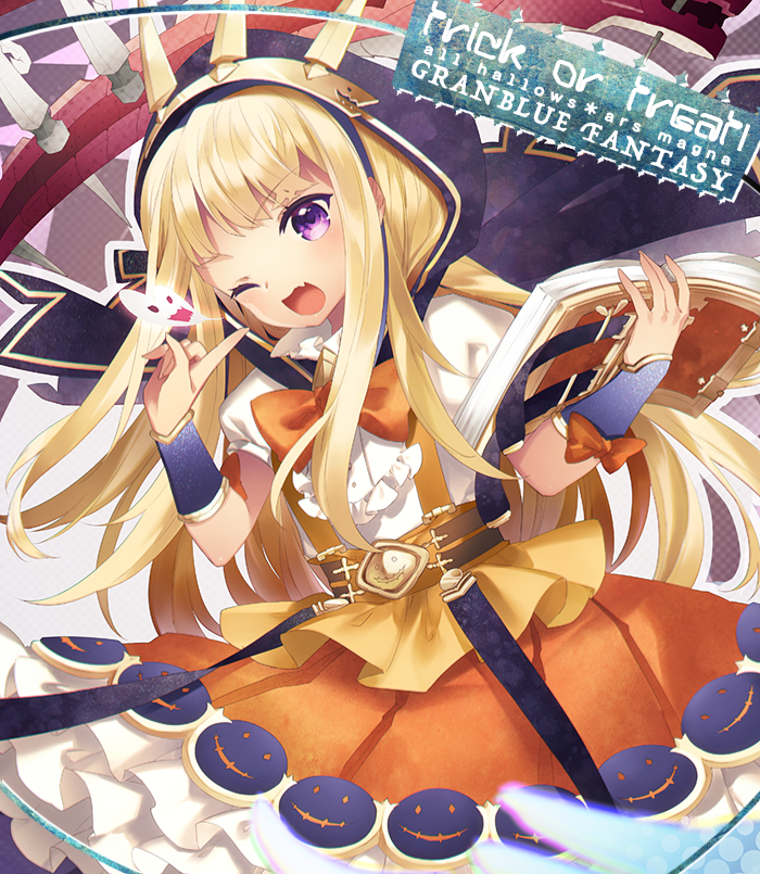 1girl blonde_hair book cagliostro_(granblue_fantasy) granblue_fantasy hairband halloween hoodie long_hair looking_at_viewer one_eye_closed open_mouth shiyun smile solo violet_eyes