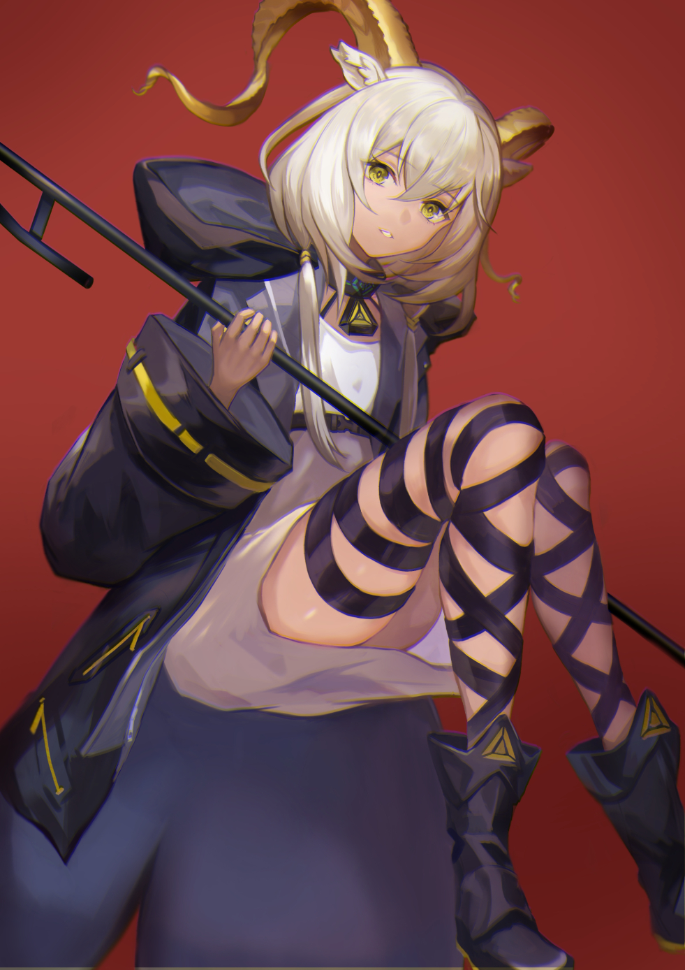 1girl animal_ears arknights beeswax_(arknights) brown_eyes dark_skin dress goat_ears goat_girl goat_horns highres holding holding_weapon hood hood_down horns infection_monitor_(arknights) jacket long_sleeves looking_at_viewer open_clothes open_jacket red_background short_hair simple_background sitting skindentation smile solo teeth touchika weapon white_dress white_hair