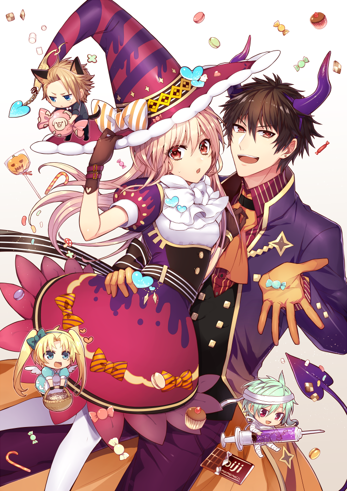 2boys 3girls animal_ears basket black_hair blonde_hair bow brown_gloves brown_hair candy candy_cane cat_ears cat_tail chibi chocolate chocolate_bar cravat cupcake dress fujikiti gloves green_hair hair_bow halloween hat hat_bow horns jack-o'-lantern long_hair multiple_boys multiple_girls mummy mummy_(cosplay) orange_gloves original pumpkin red_eyes short_hair smile syringe tail thigh-highs twintails wings witch_hat wrapped_candy