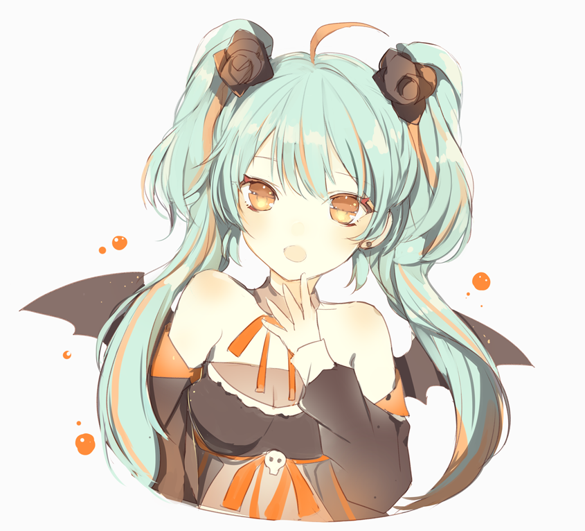 1girl ahoge bat_wings black_flower blue_hair breasts cleavage earrings flower hair_flower hair_ornament halloween hatsune_miku jewelry lp_(hamasa00) open_mouth orange_eyes see-through solo twintails vocaloid white_background wings