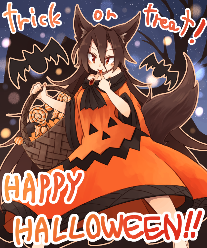 1girl animal_ears bat blush brooch brown_hair candy collarbone dress halloween imaizumi_kagerou jewelry kaginoni long_hair looking_at_viewer red_eyes solo tail tongue tongue_out touhou wide_sleeves wolf_ears wolf_tail